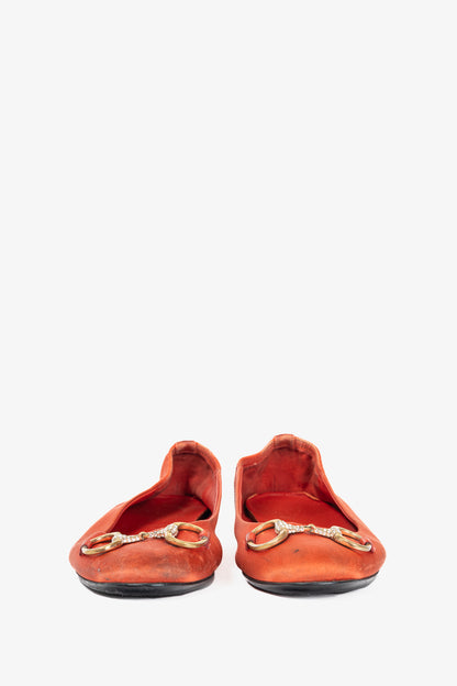 Gucci Orange Satin Crystal-Horsebit Ballet Flats