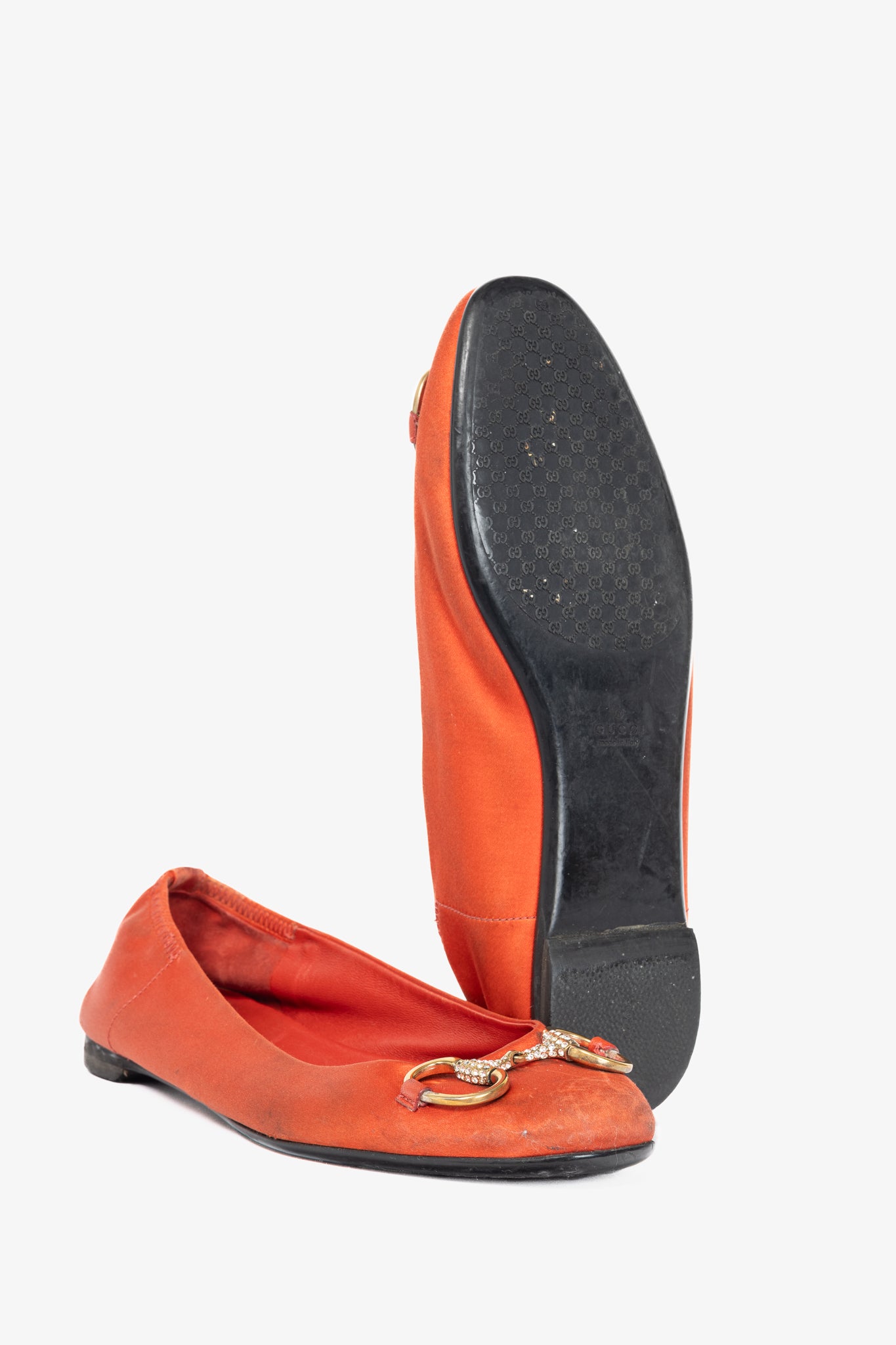 Gucci Orange Satin Crystal-Horsebit Ballet Flats