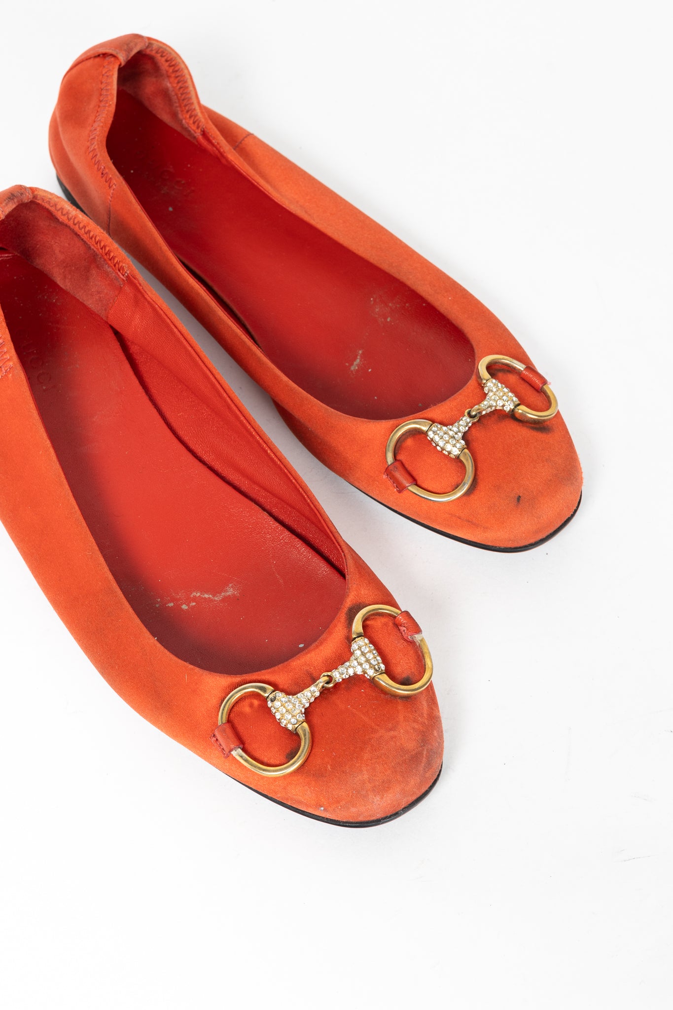 Gucci Orange Satin Crystal-Horsebit Ballet Flats