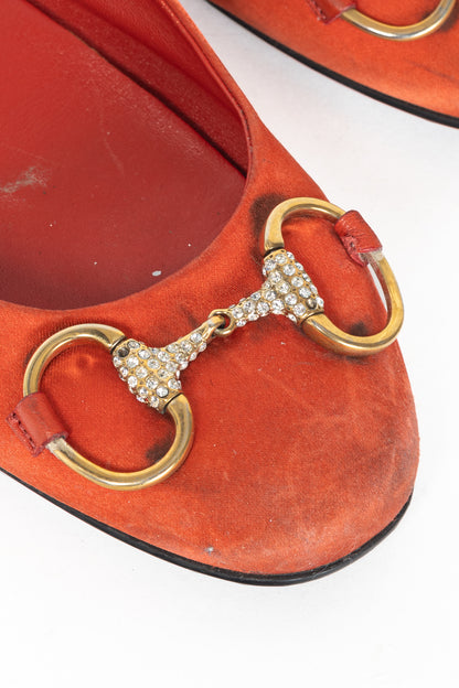Gucci Orange Satin Crystal-Horsebit Ballet Flats
