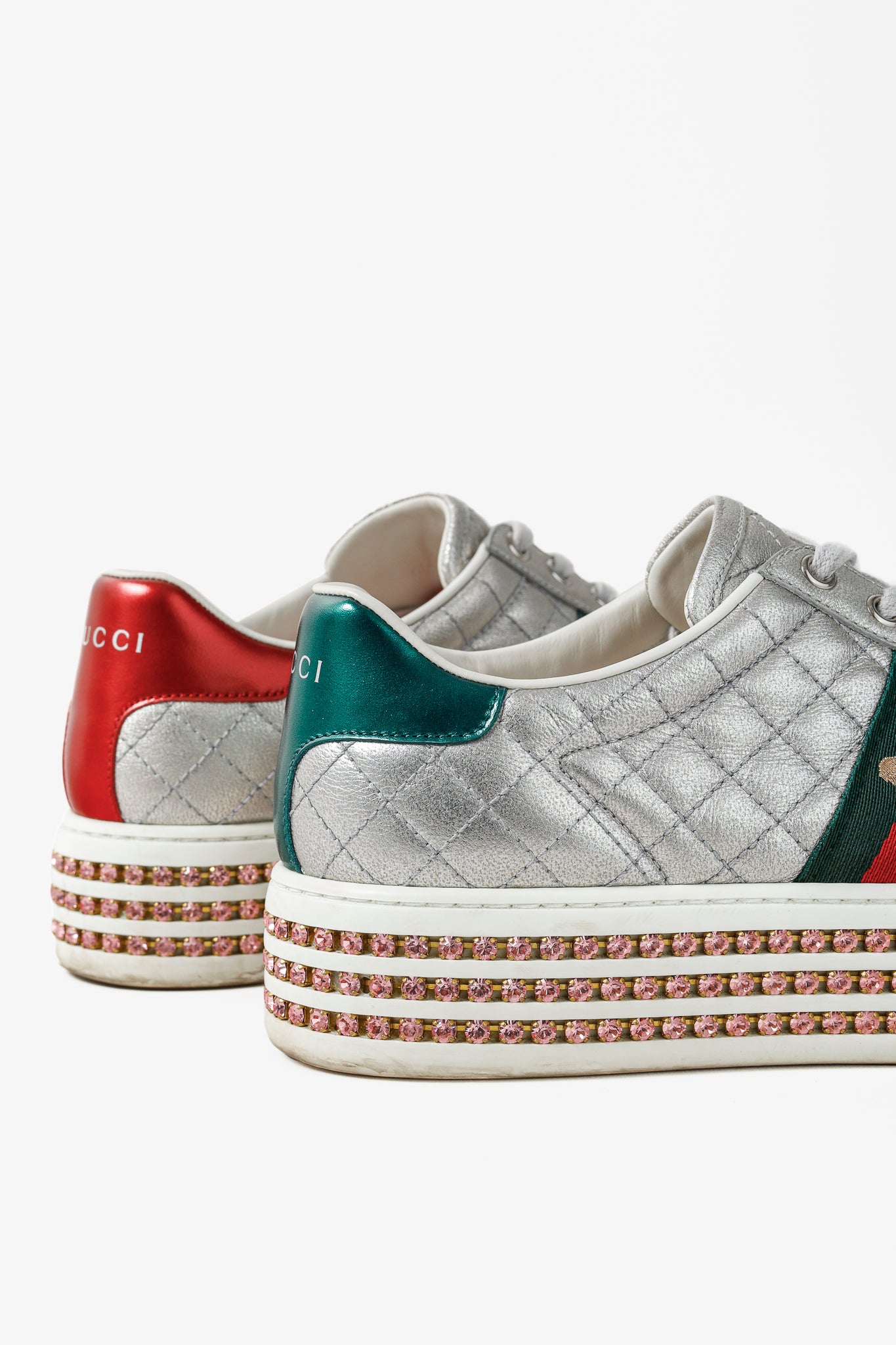 Gucci Ace Silver Quilted-Leather Bee-Webbing Crystal-Platform Sneakers