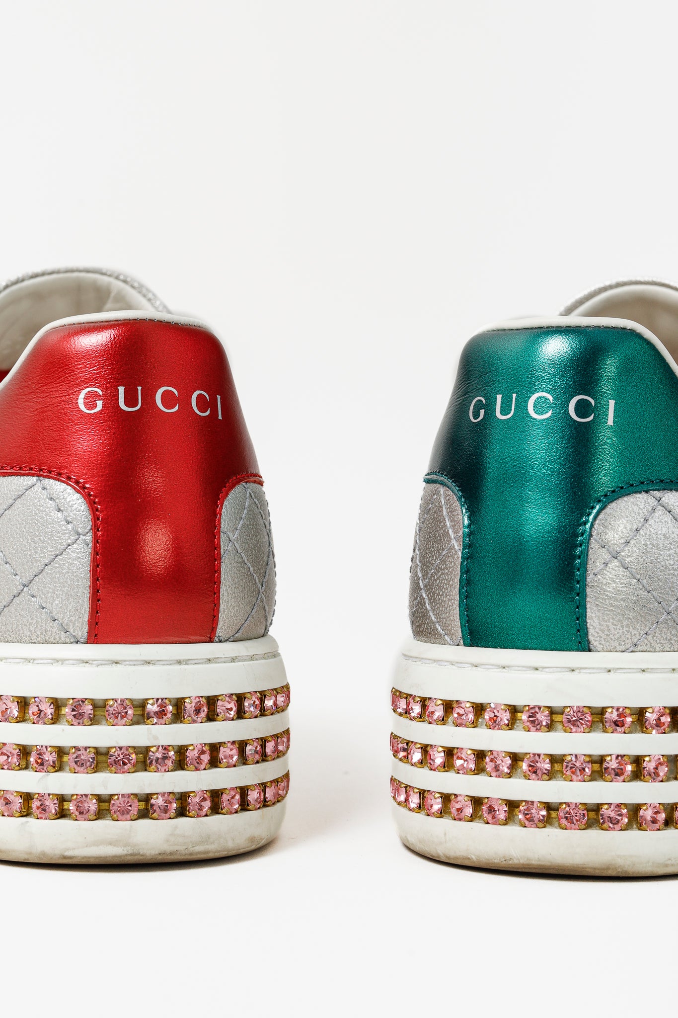 Gucci Ace Silver Quilted-Leather Bee-Webbing Crystal-Platform Sneakers