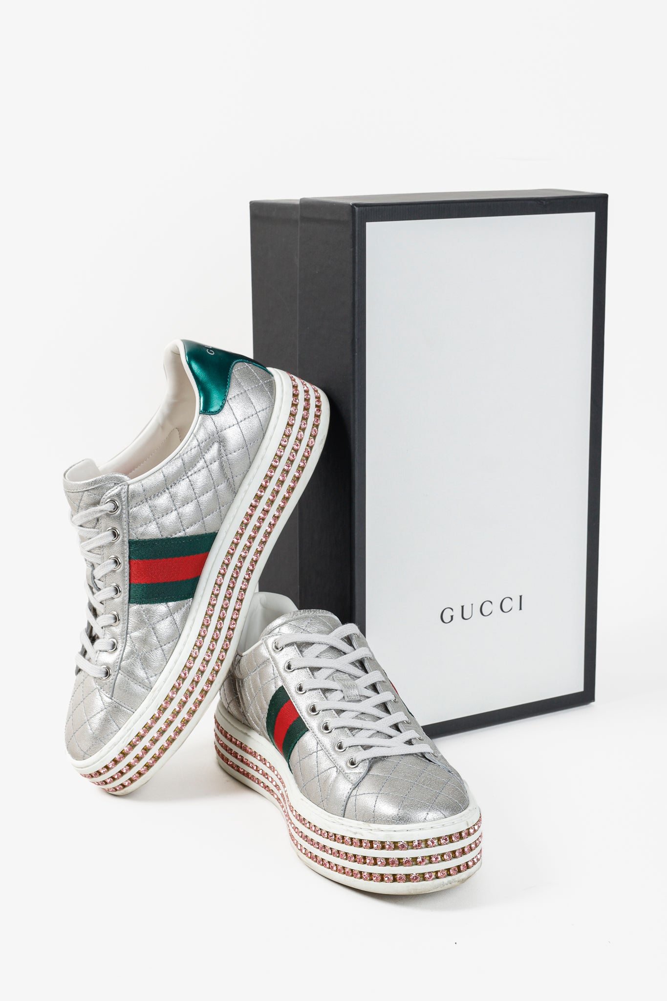 Gucci Ace Silver Quilted-Leather Bee-Webbing Crystal-Platform Sneakers