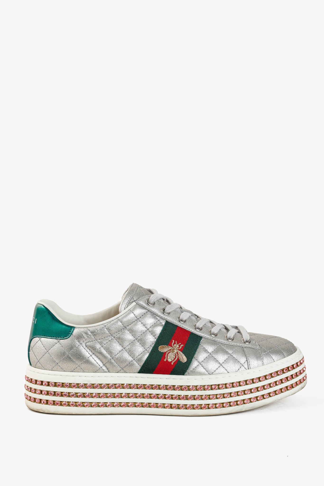 Gucci Ace Silver Quilted-Leather Bee-Webbing Crystal-Platform Sneakers