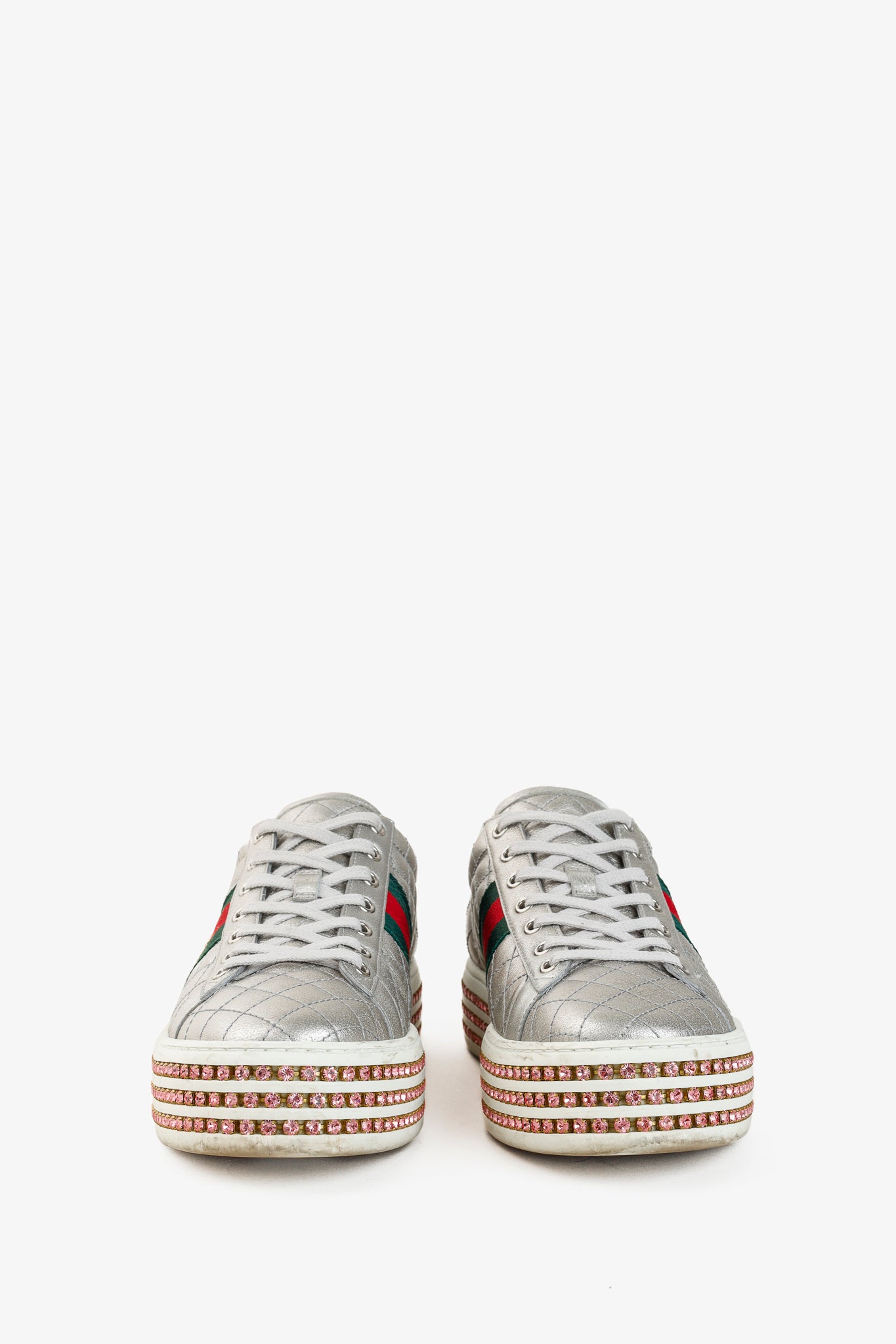 Gucci Ace Silver Quilted-Leather Bee-Webbing Crystal-Platform Sneakers