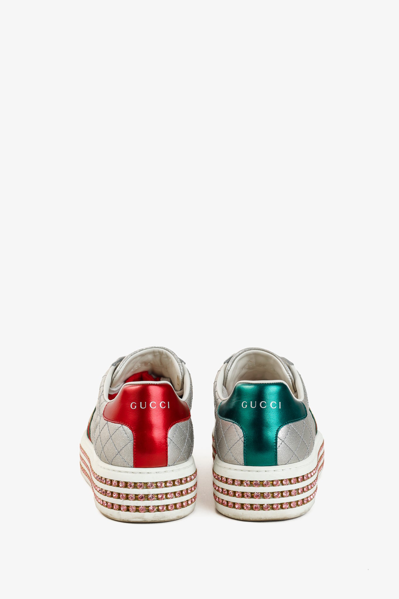 Gucci Ace Silver Quilted-Leather Bee-Webbing Crystal-Platform Sneakers