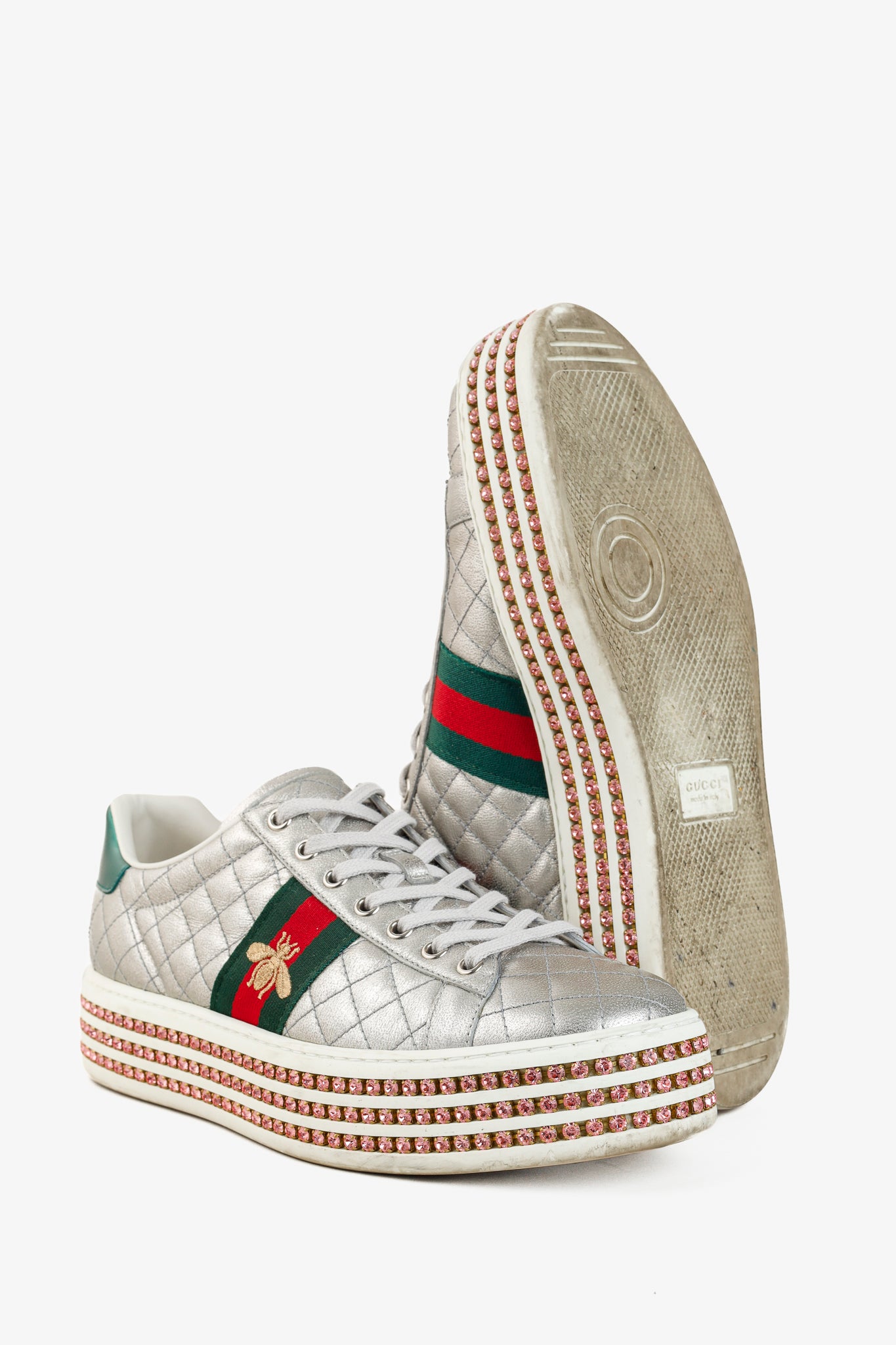 Gucci Ace Silver Quilted-Leather Bee-Webbing Crystal-Platform Sneakers