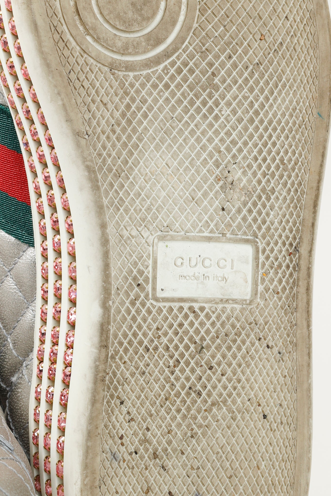 Gucci Ace Silver Quilted-Leather Bee-Webbing Crystal-Platform Sneakers