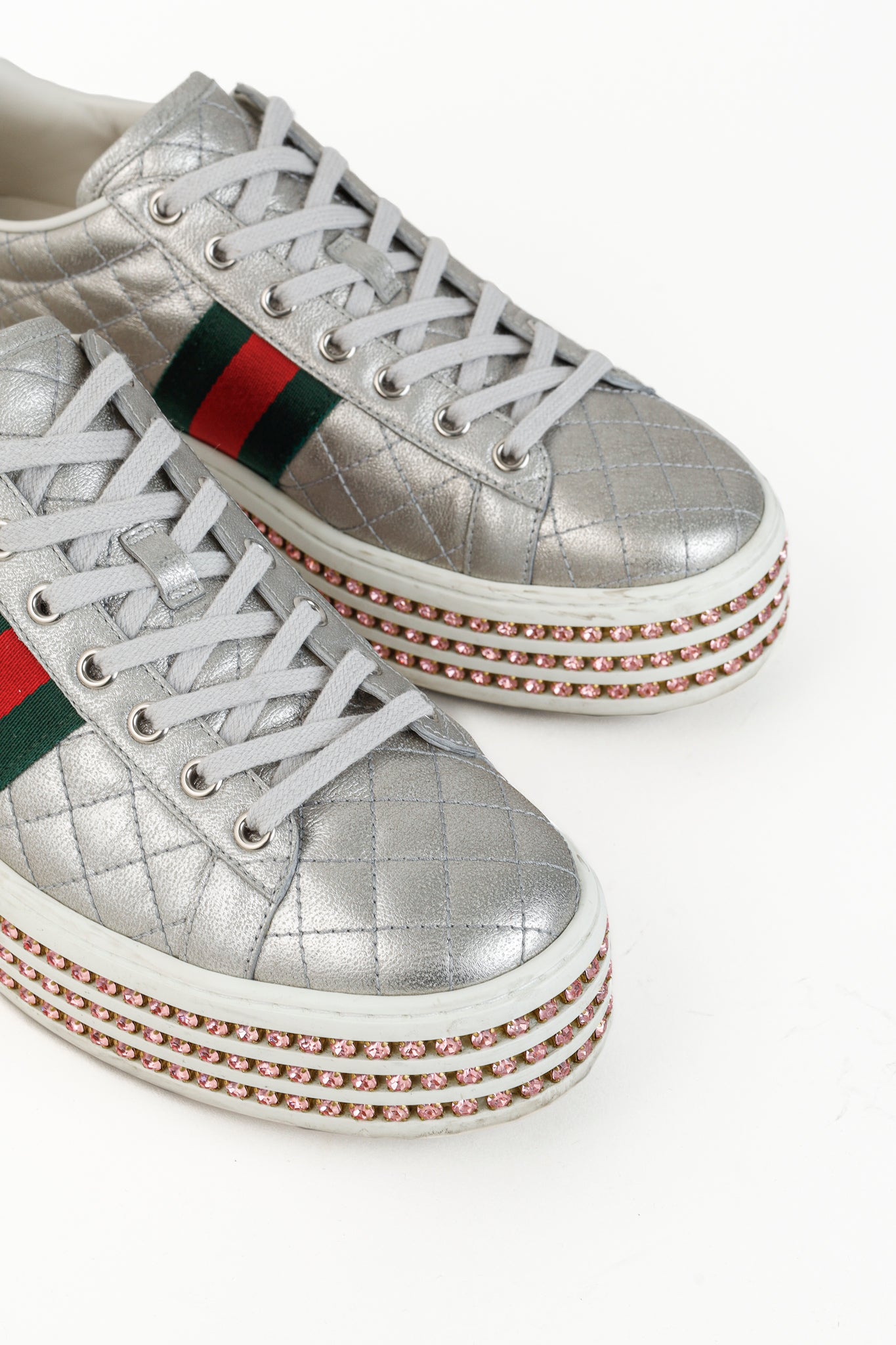 Gucci Ace Silver Quilted-Leather Bee-Webbing Crystal-Platform Sneakers