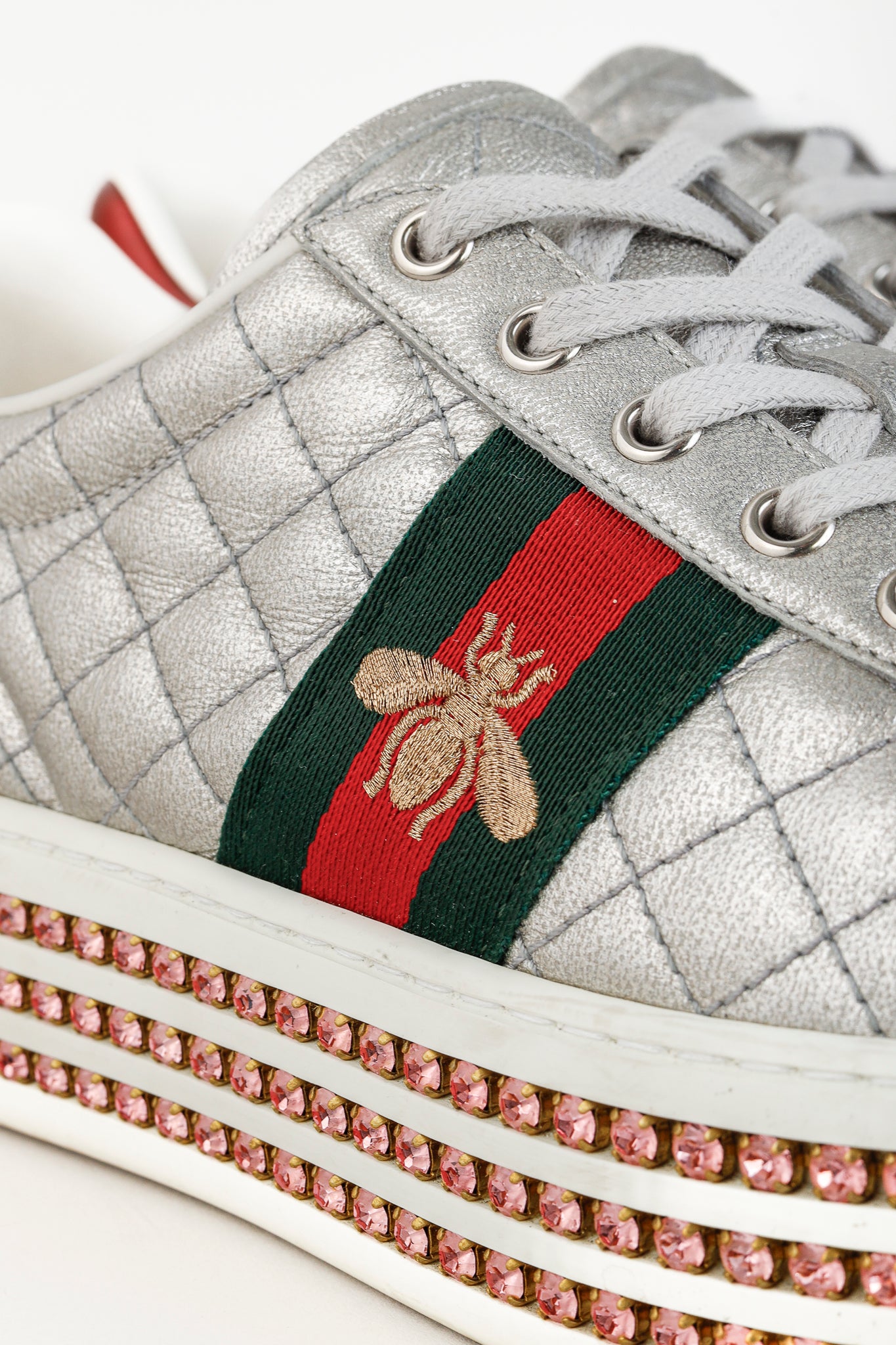 Gucci Ace Silver Quilted-Leather Bee-Webbing Crystal-Platform Sneakers