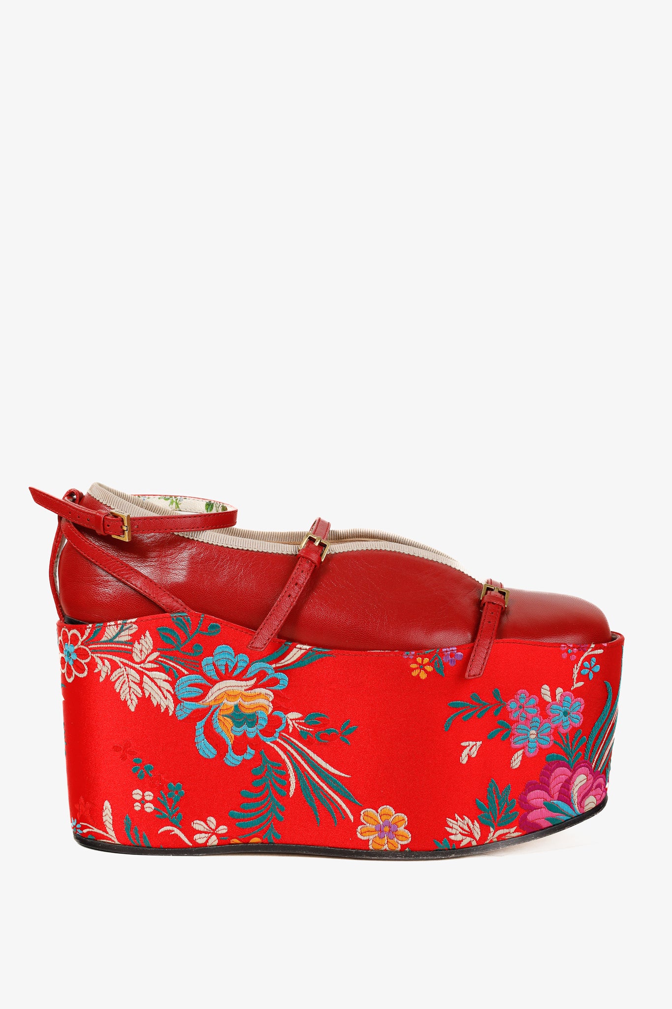 Gucci Hibiscus Red Malaga Kid Silk Hannelore Detachable Platform Slide