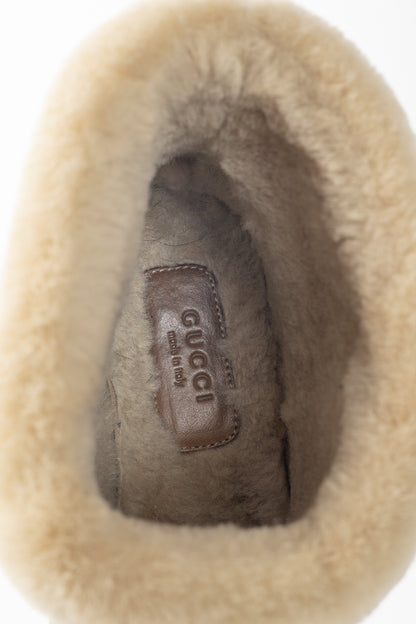 Gucci Fria Beige Jumbo GG Sherpa Horsebit Ankle Boots