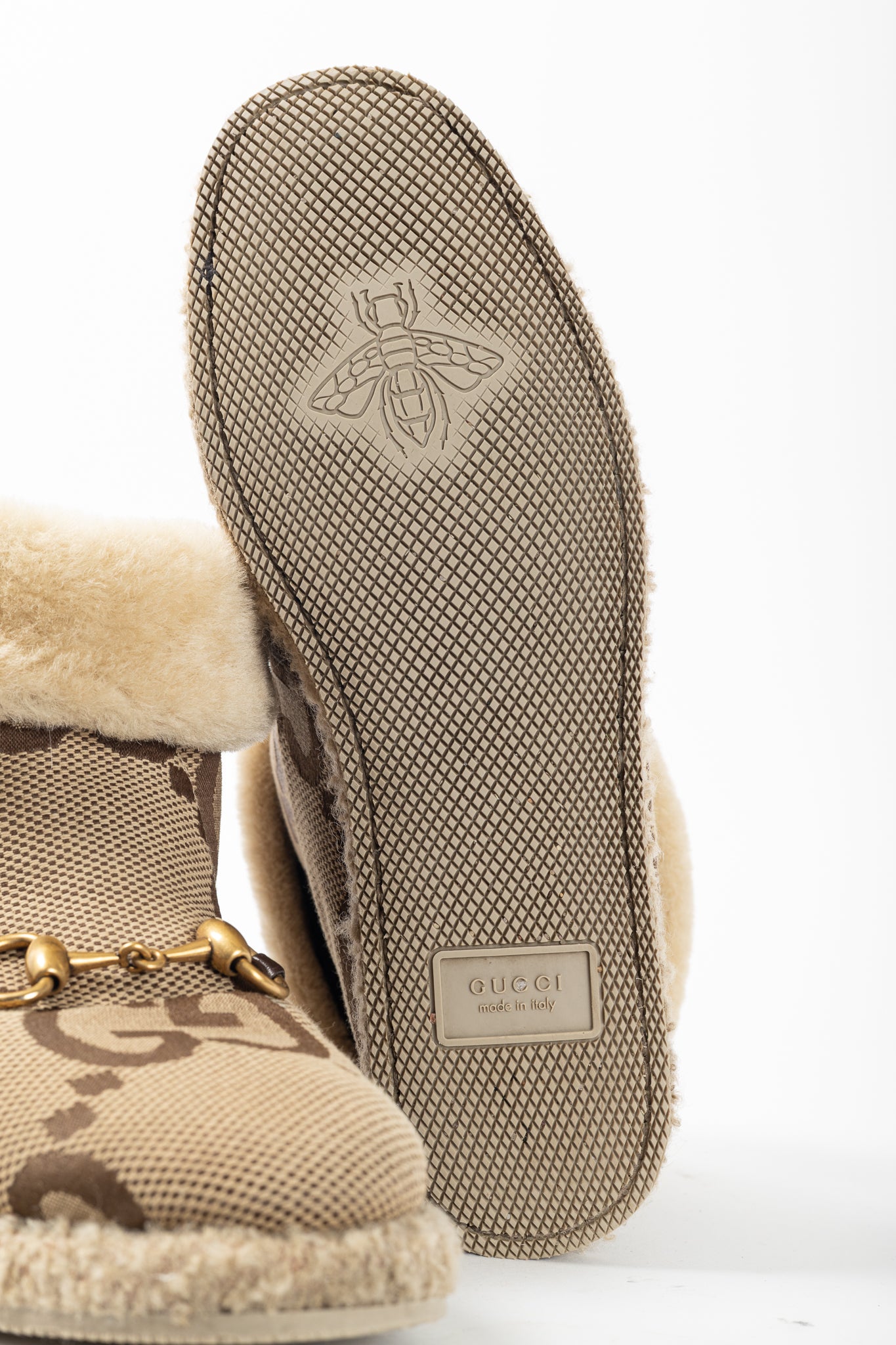 Gucci Fria Beige Jumbo GG Sherpa Horsebit Ankle Boots