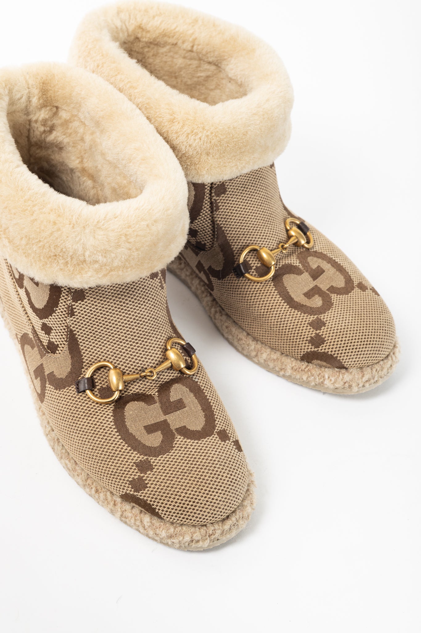 Gucci Fria Beige Jumbo GG Sherpa Horsebit Ankle Boots