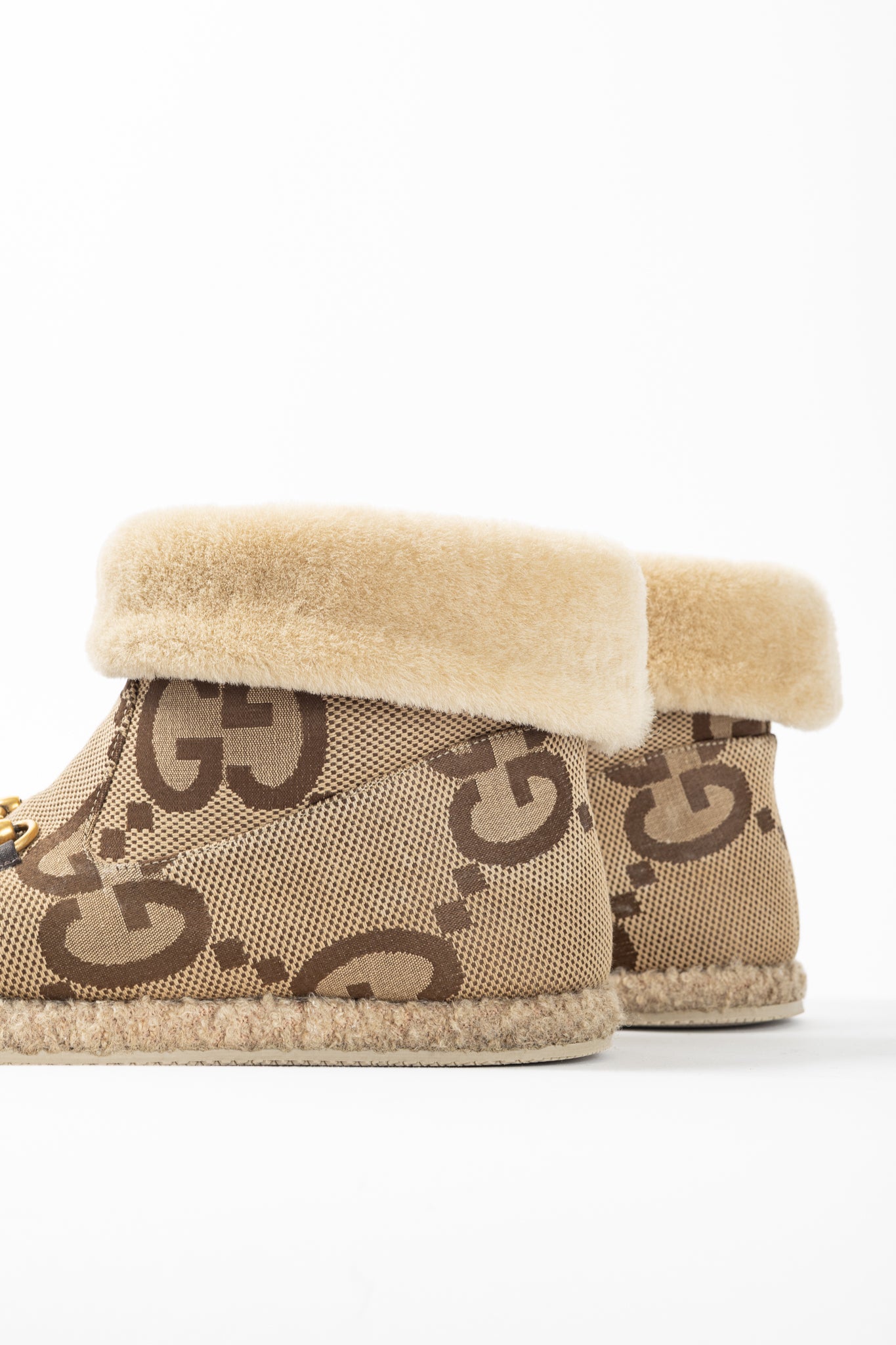 Gucci Fria Beige Jumbo GG Sherpa Horsebit Ankle Boots