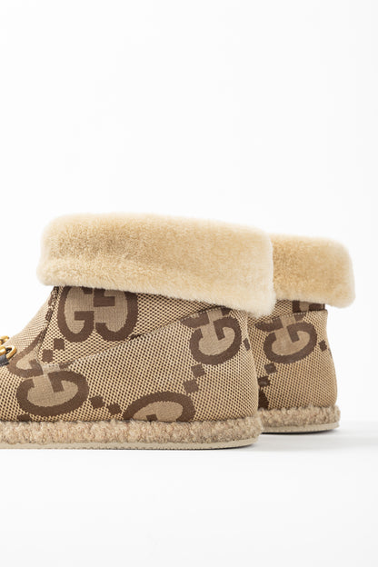 Gucci Fria Beige Jumbo GG Sherpa Horsebit Ankle Boots
