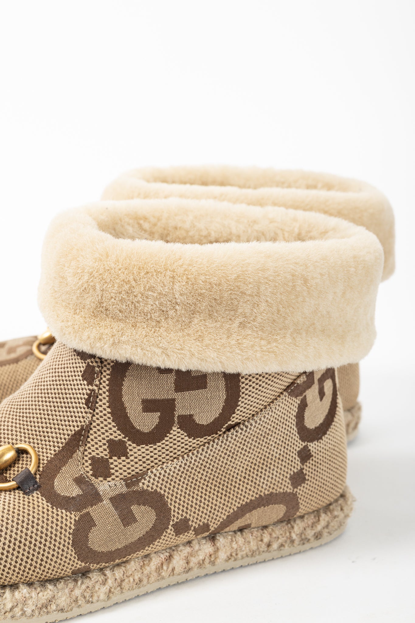 Gucci Fria Beige Jumbo GG Sherpa Horsebit Ankle Boots