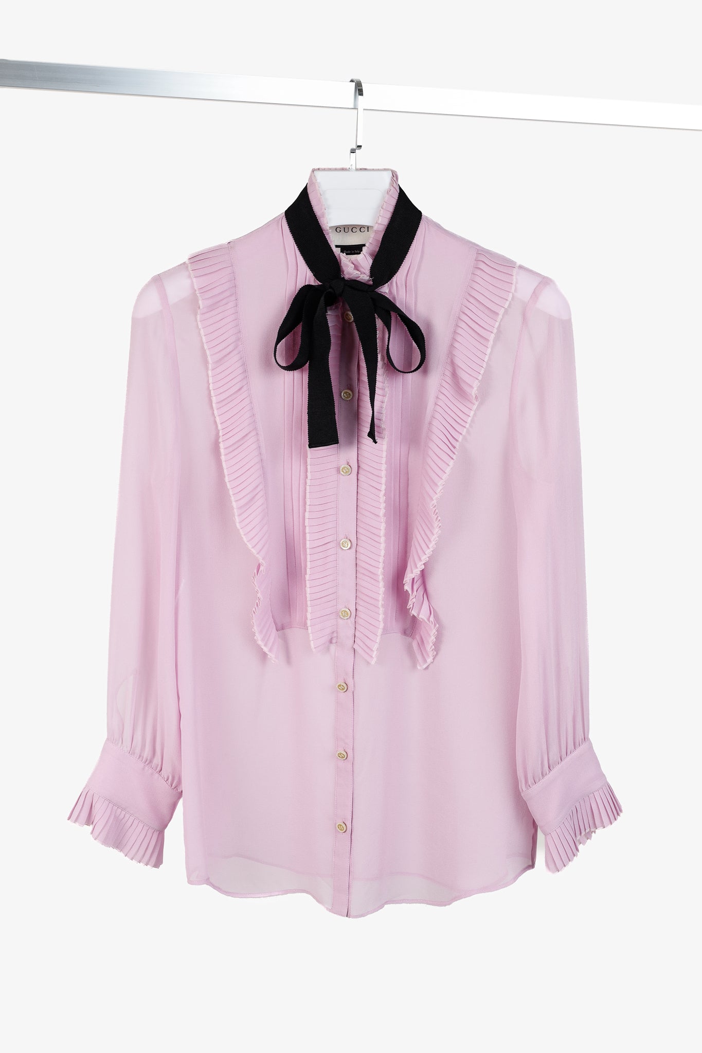Gucci Resort 2016 Pink Silk Pleated Ruffle Tie-Neck Shirt