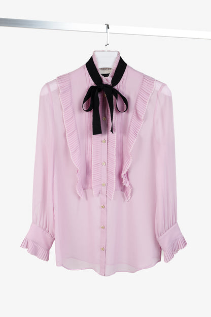 Gucci Resort 2016 Pink Silk Pleated Ruffle Tie-Neck Shirt