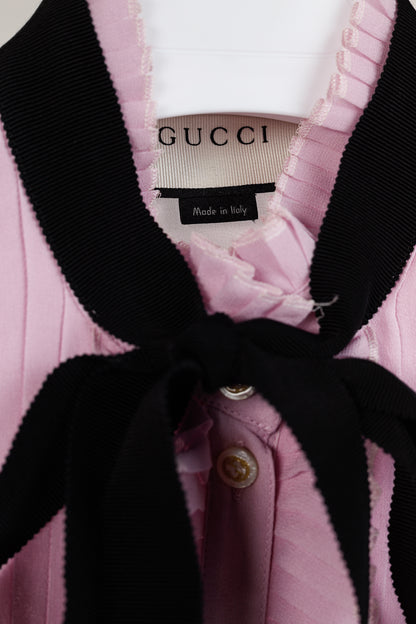 Gucci Resort 2016 Pink Silk Pleated Ruffle Tie-Neck Shirt