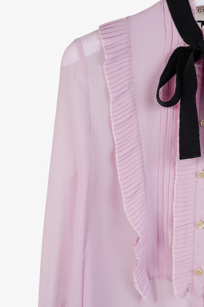 Gucci Resort 2016 Pink Silk Pleated Ruffle Tie-Neck Shirt