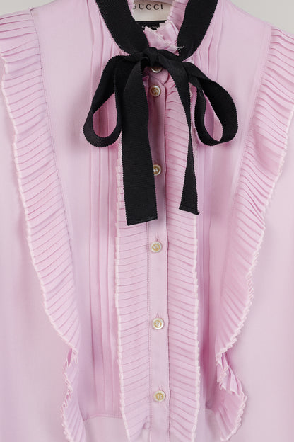 Gucci Resort 2016 Pink Silk Pleated Ruffle Tie-Neck Shirt