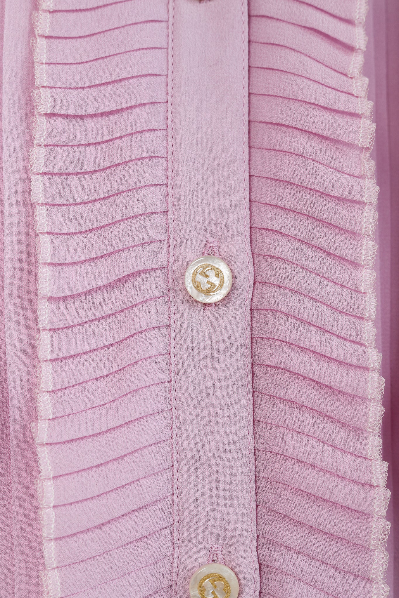 Gucci Resort 2016 Pink Silk Pleated Ruffle Tie-Neck Shirt