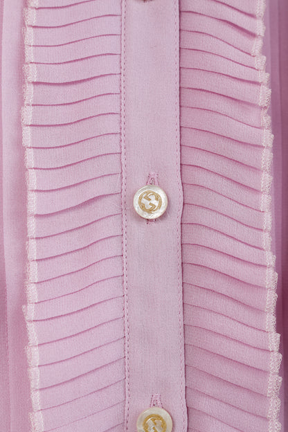 Gucci Resort 2016 Pink Silk Pleated Ruffle Tie-Neck Shirt