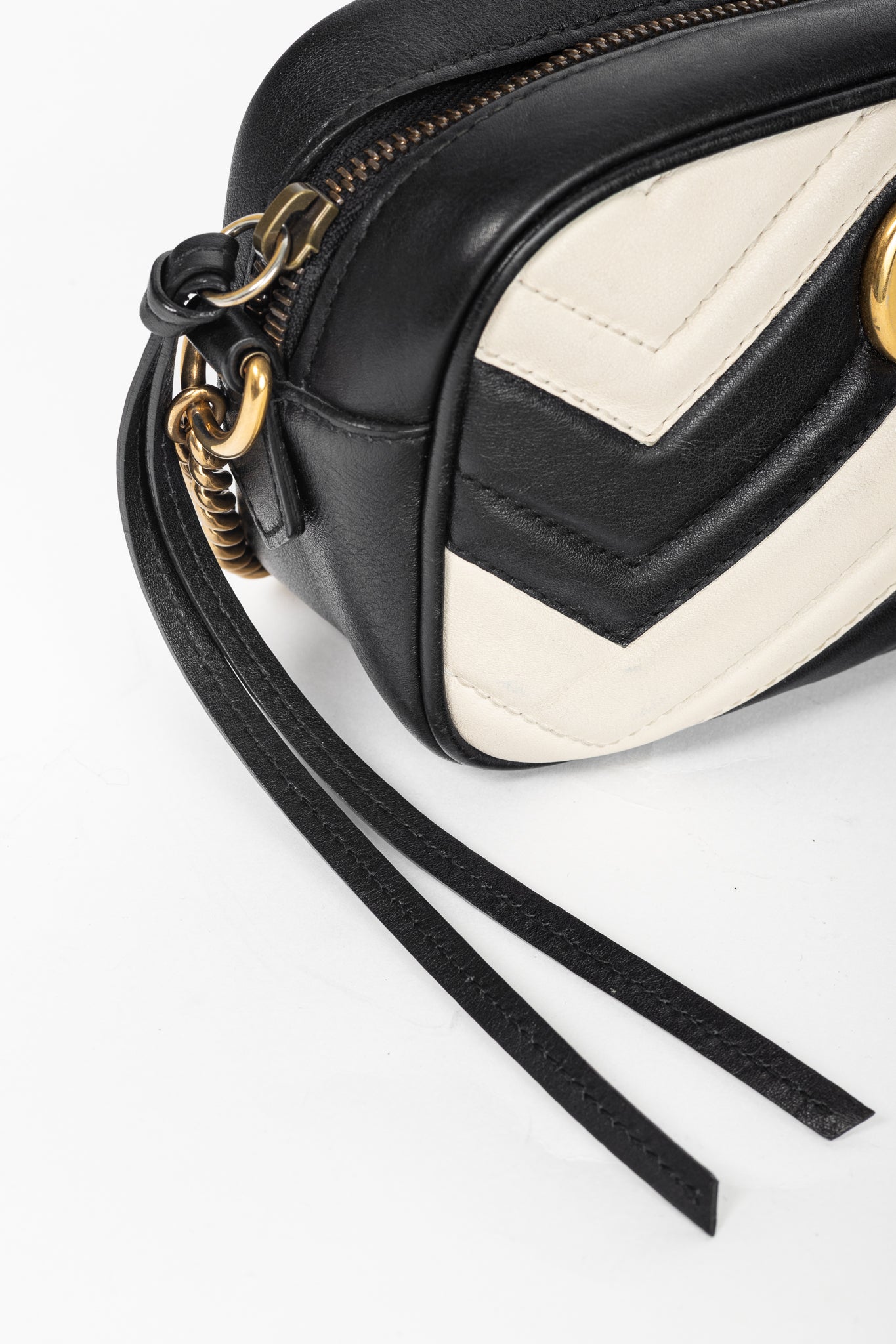Gucci GG Marmont Black & Creme Chevron Mini Camera Bag
