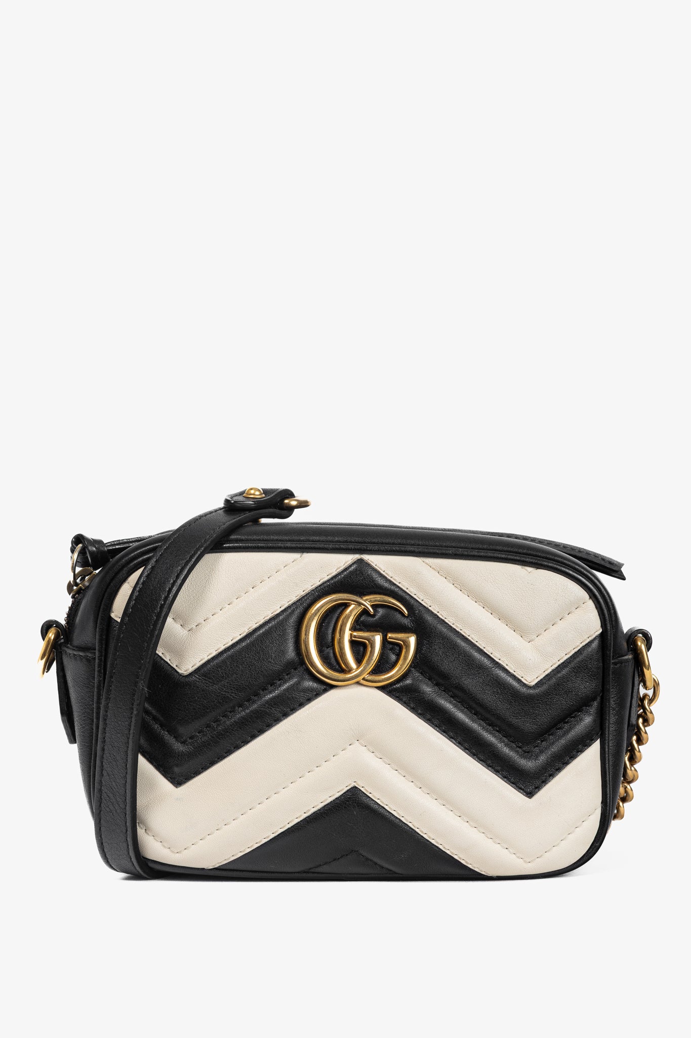 Gucci GG Marmont Black & Creme Chevron Mini Camera Bag