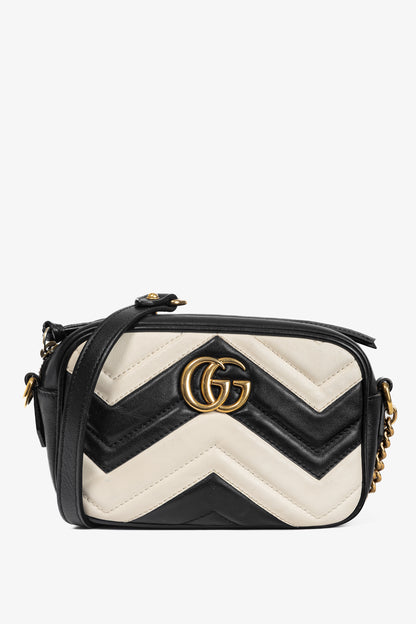 Gucci GG Marmont Black & Creme Chevron Mini Camera Bag