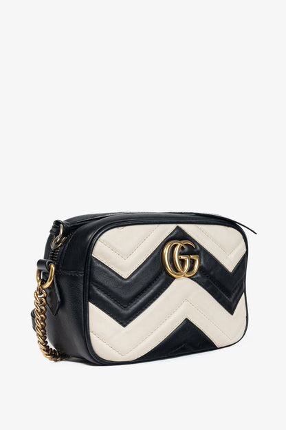 Gucci GG Marmont Black & Creme Chevron Mini Camera Bag