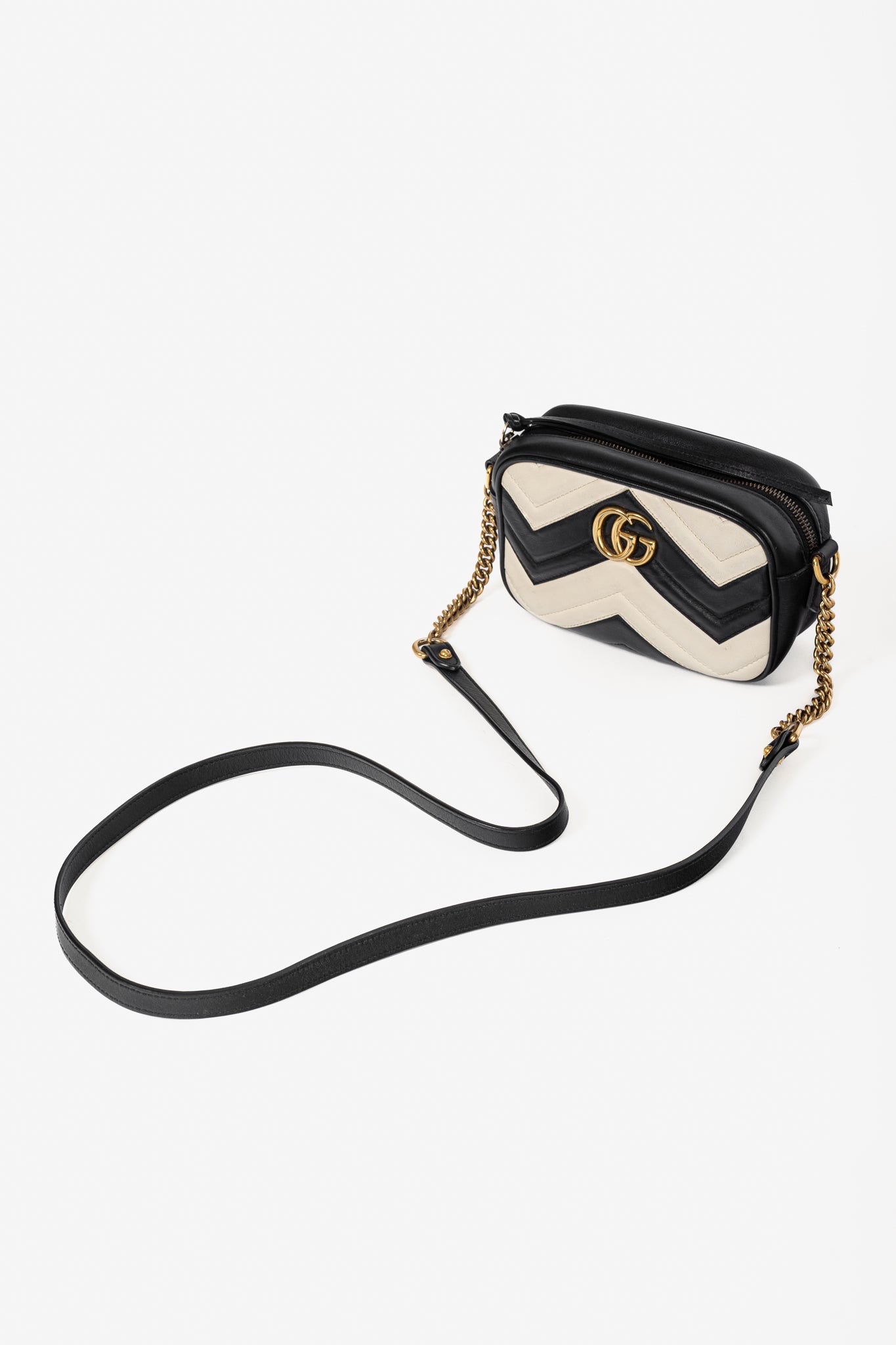 Gucci GG Marmont Black & Creme Chevron Mini Camera Bag