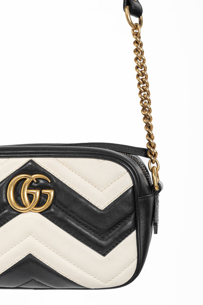 Gucci GG Marmont Black & Creme Chevron Mini Camera Bag