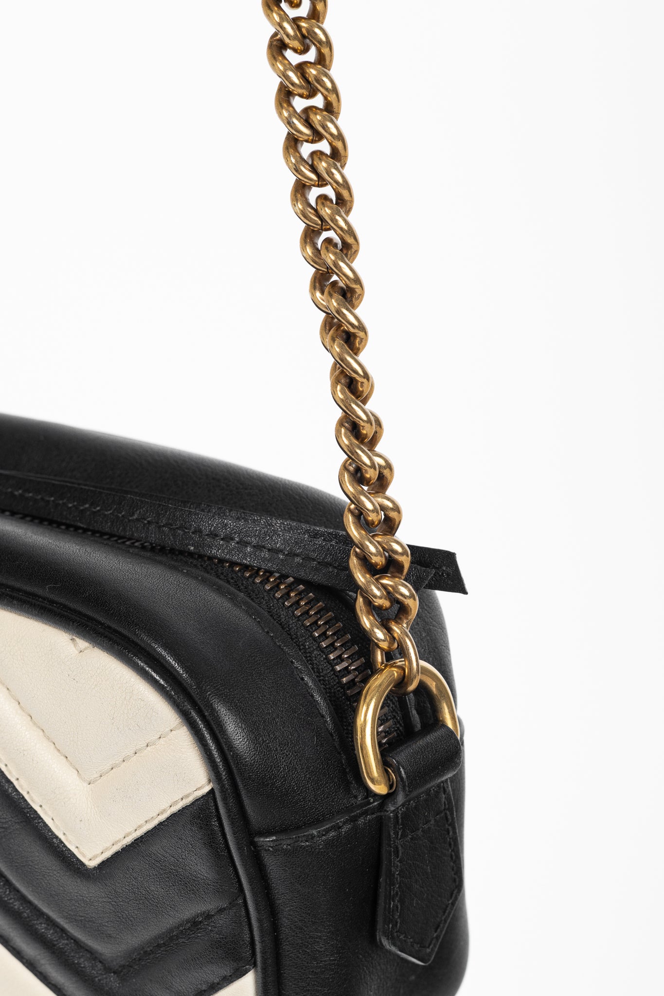 Gucci GG Marmont Black & Creme Chevron Mini Camera Bag