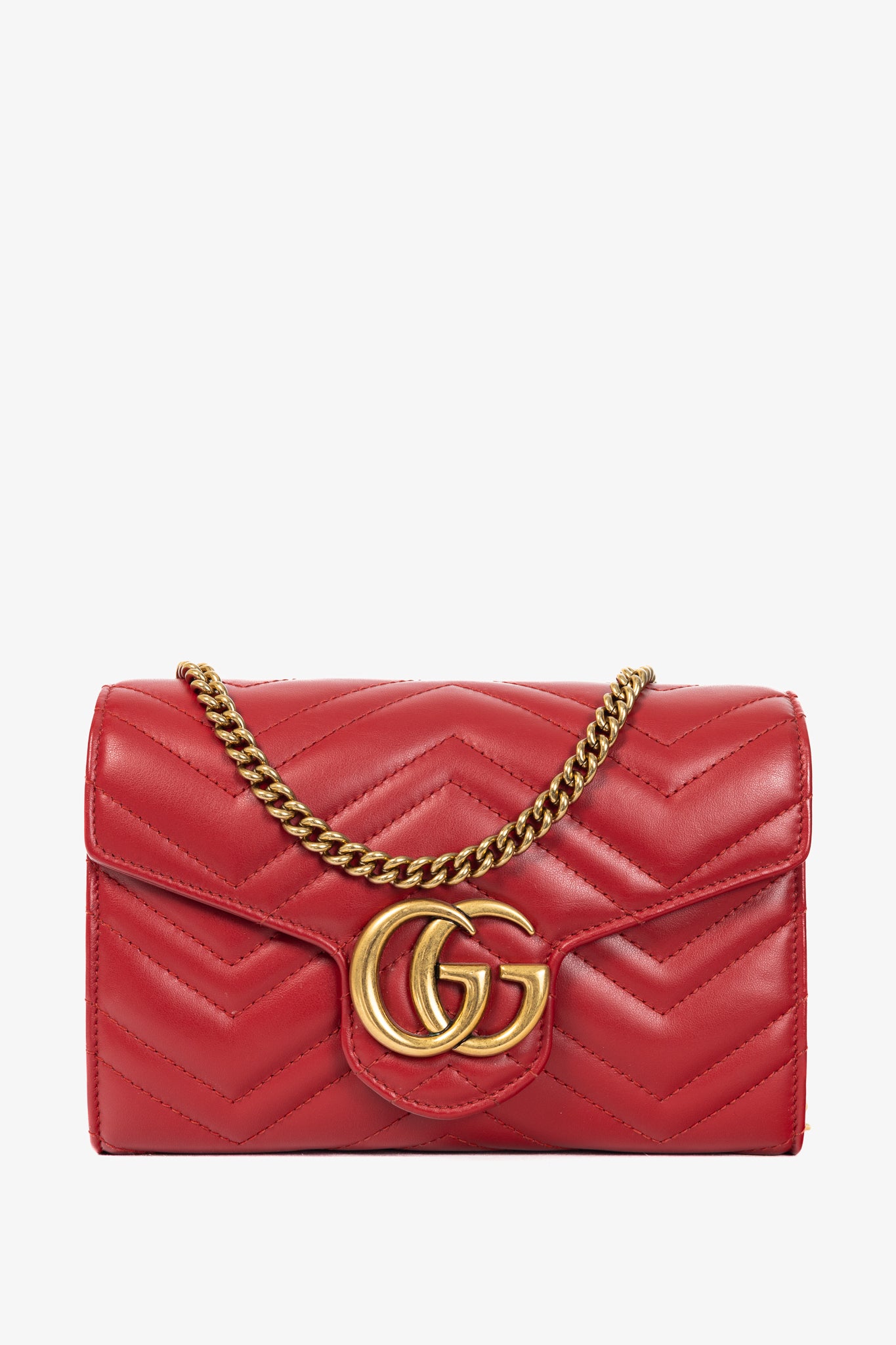 Gucci GG Marmont Red Matelasse Chevron Leather Wallet on Chain