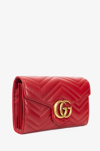 Gucci GG Marmont Red Matelasse Chevron Leather Wallet on Chain