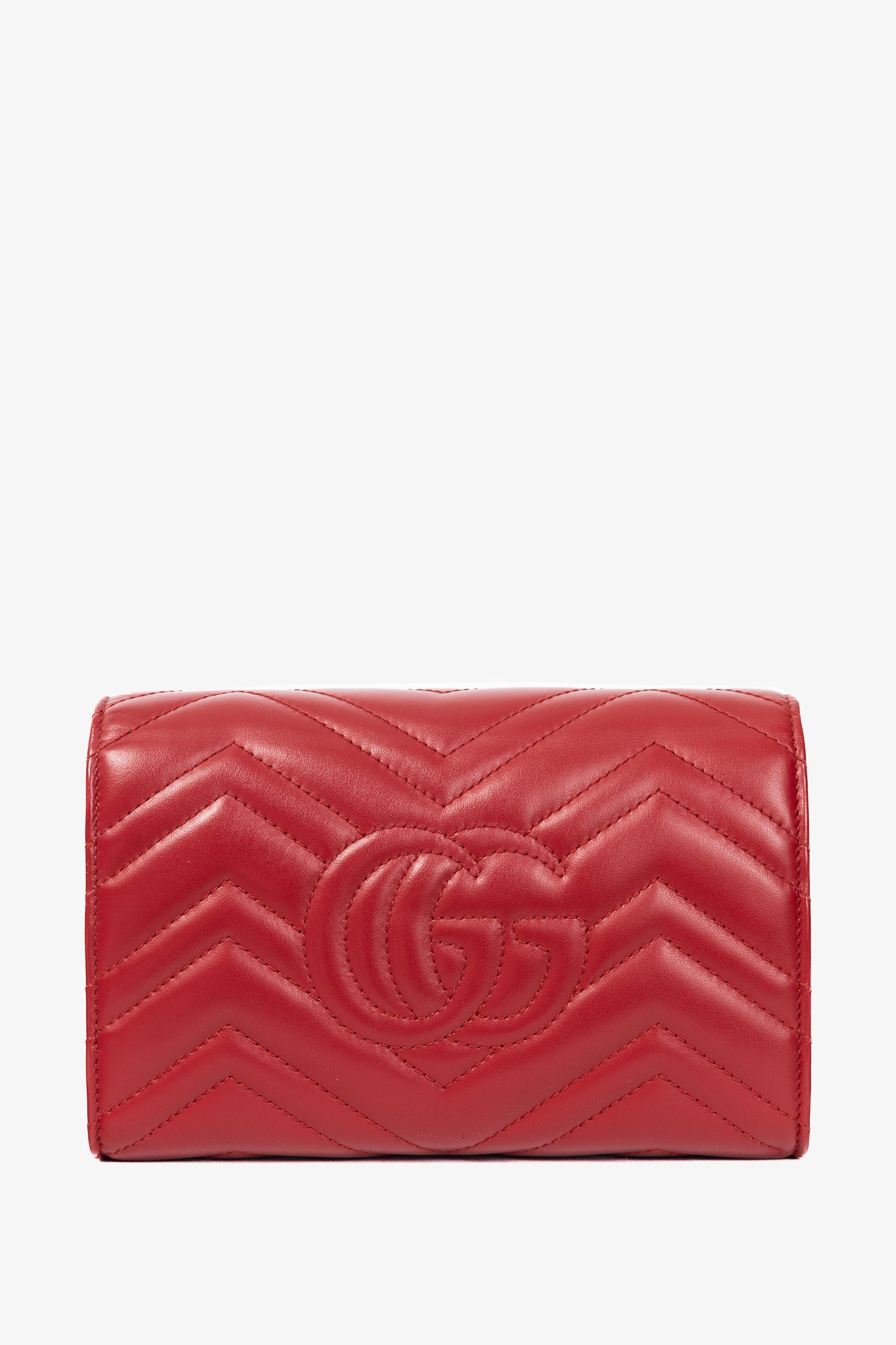 Gucci GG Marmont Red Matelasse Chevron Leather Wallet on Chain