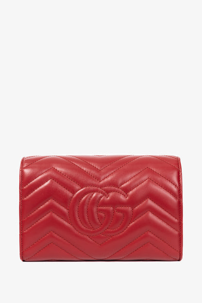 Gucci GG Marmont Red Matelasse Chevron Leather Wallet on Chain