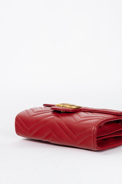 Gucci GG Marmont Red Matelasse Chevron Leather Wallet on Chain