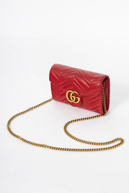 Gucci GG Marmont Red Matelasse Chevron Leather Wallet on Chain