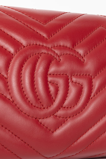 Gucci GG Marmont Red Matelasse Chevron Leather Wallet on Chain