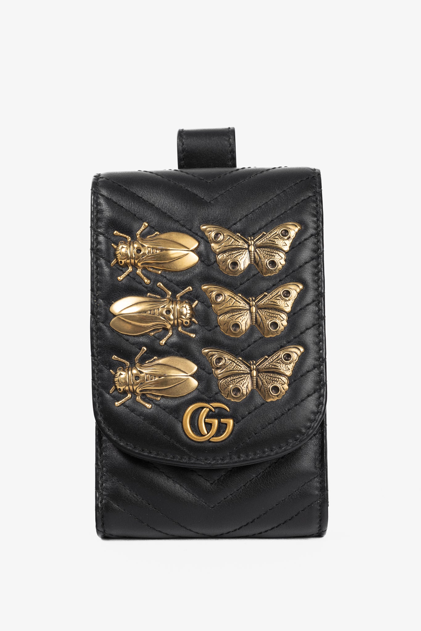 Gucci GG Marmont Black Quilted Leather Animal Studs Belt Pouch