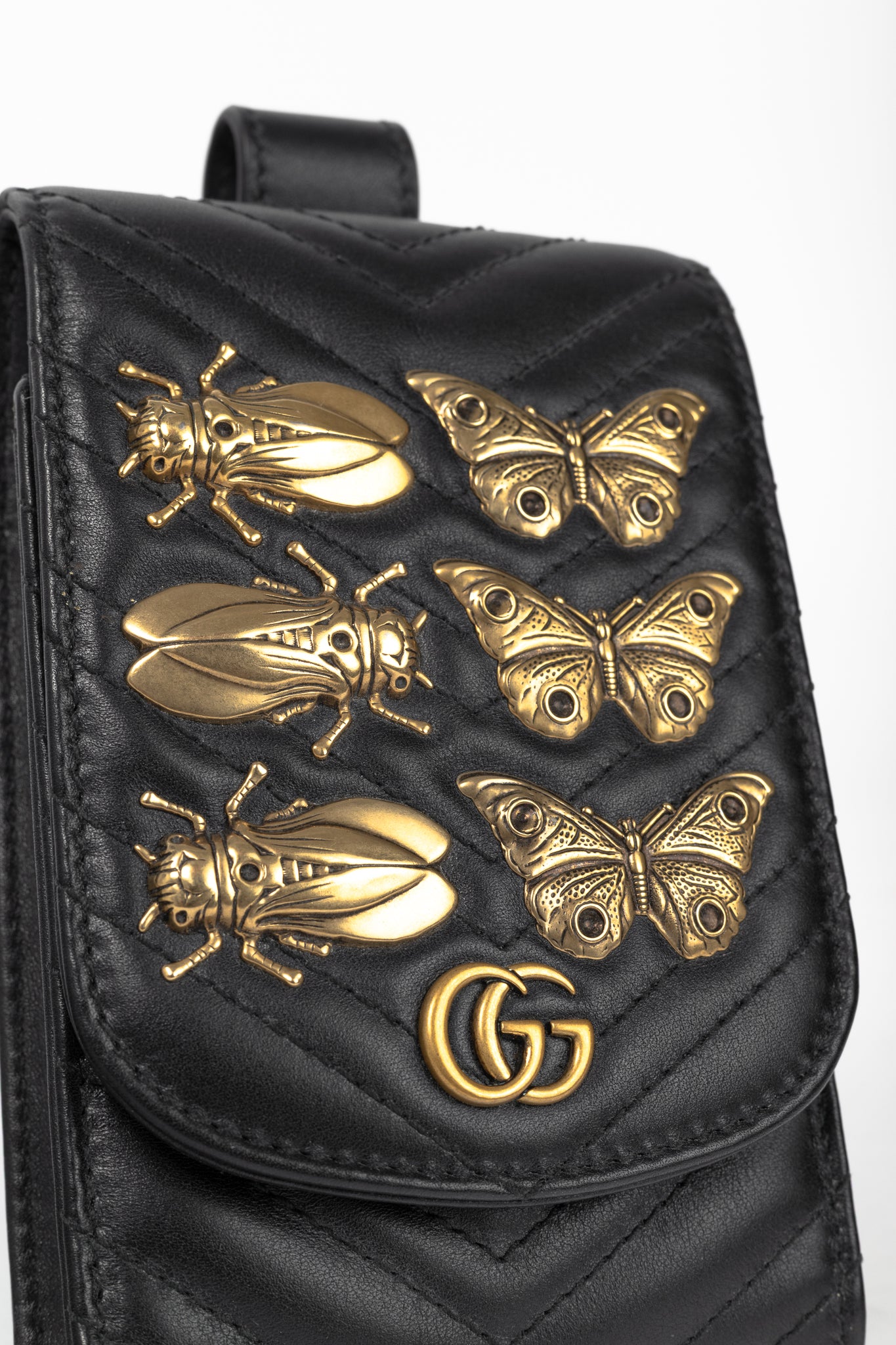 Gucci GG Marmont Black Quilted Leather Animal Studs Belt Pouch
