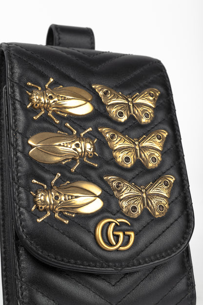 Gucci GG Marmont Black Quilted Leather Animal Studs Belt Pouch