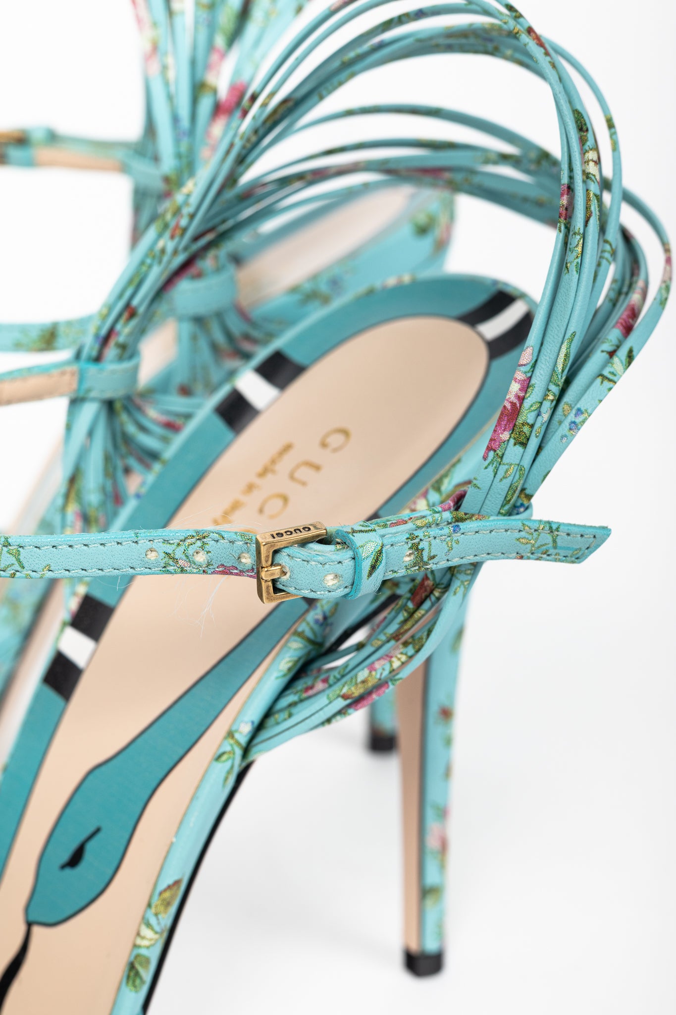 Gucci Allie Light-Blue Floral-Print Leather Knotted High-Heel Sandals