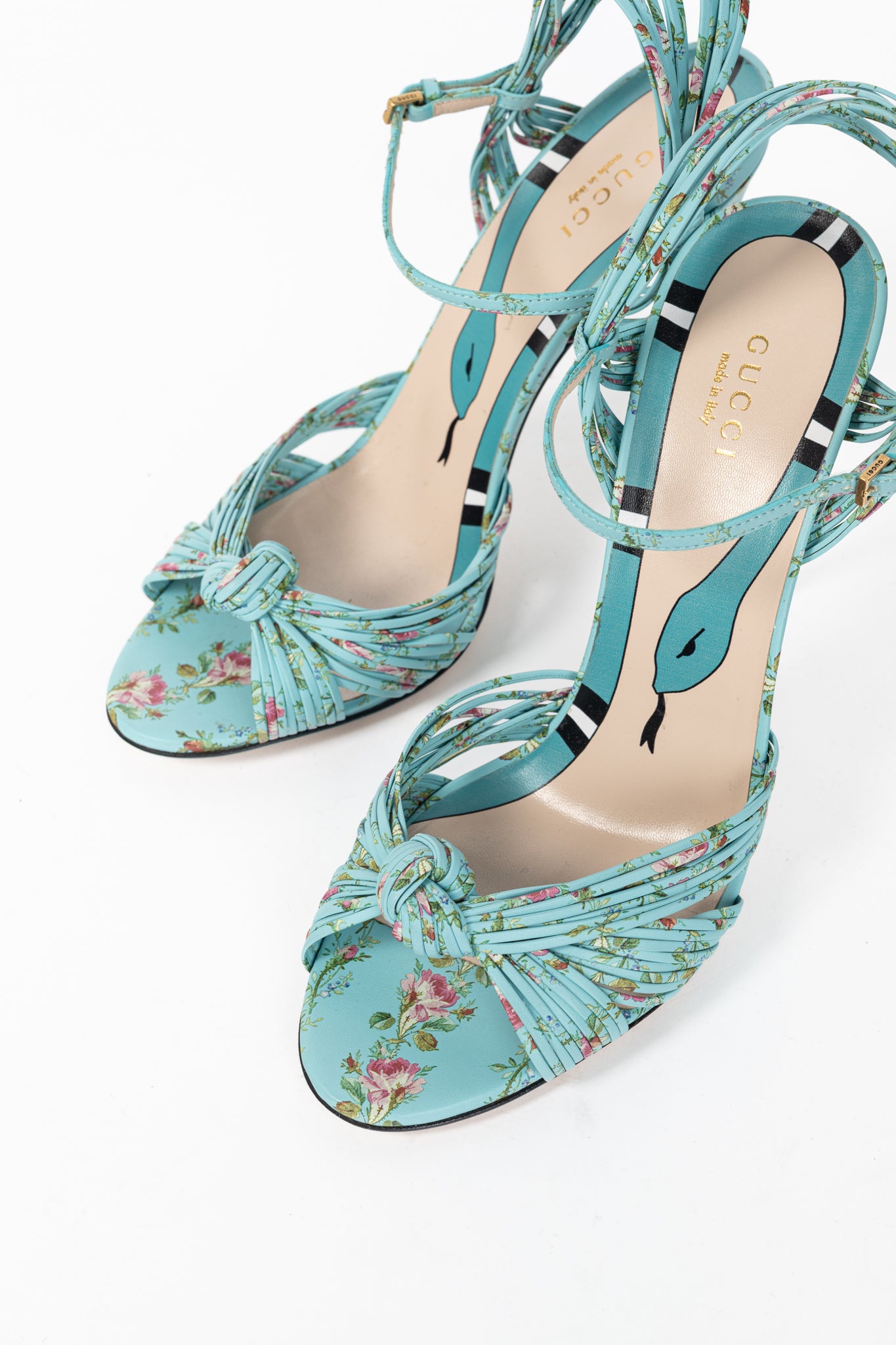 Gucci Allie Light-Blue Floral-Print Leather Knotted High-Heel Sandals