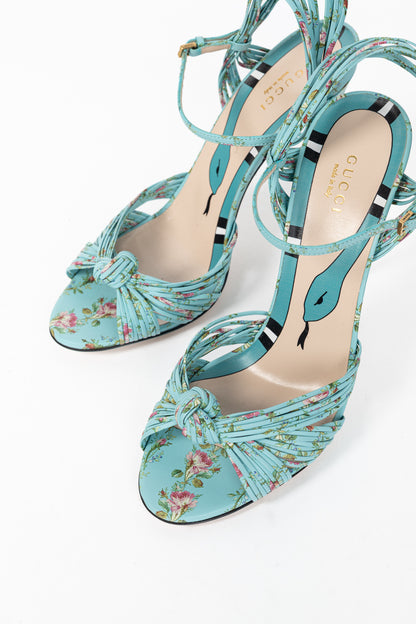 Gucci Allie Light-Blue Floral-Print Leather Knotted High-Heel Sandals