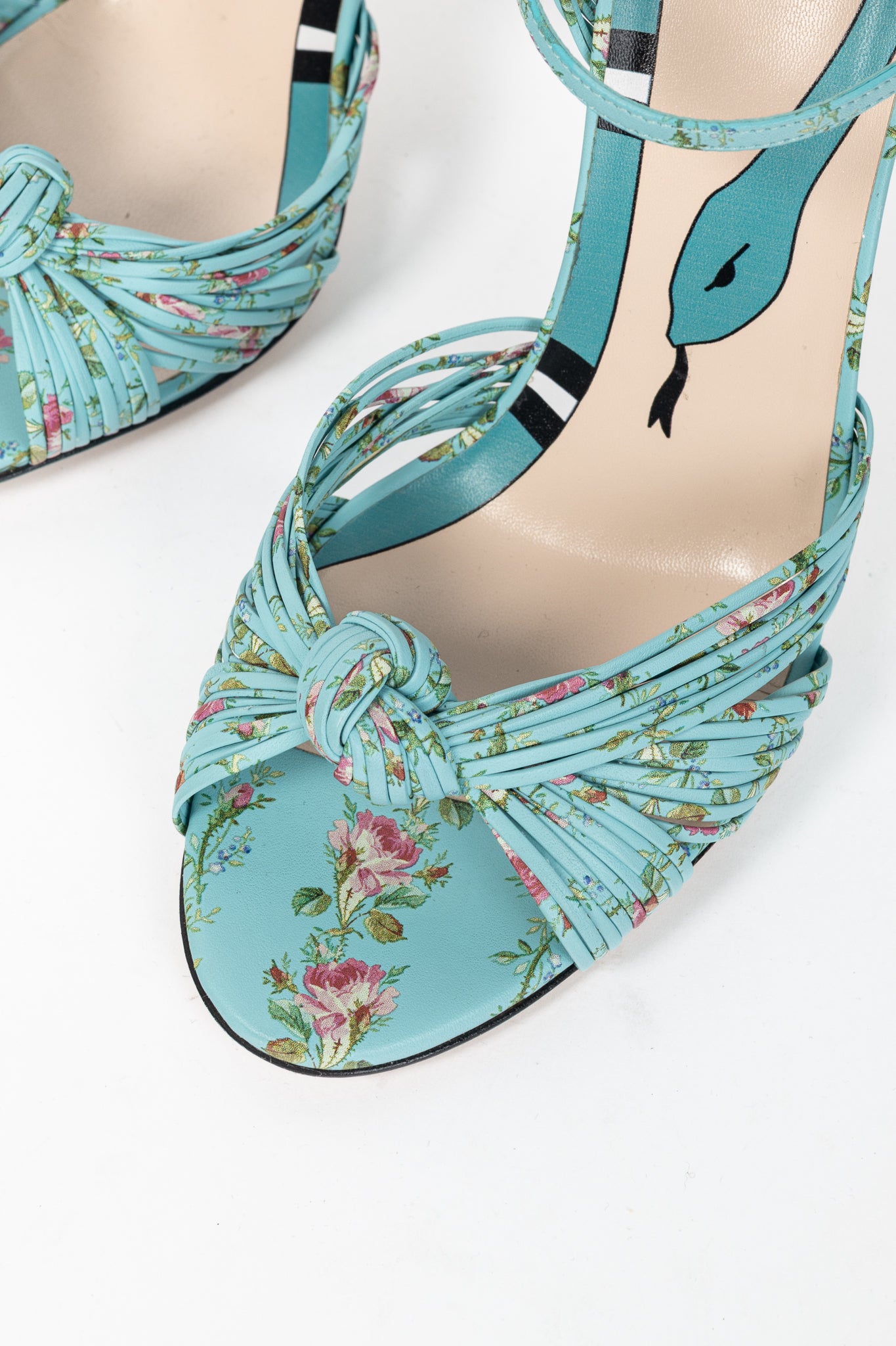 Gucci Allie Light-Blue Floral-Print Leather Knotted High-Heel Sandals