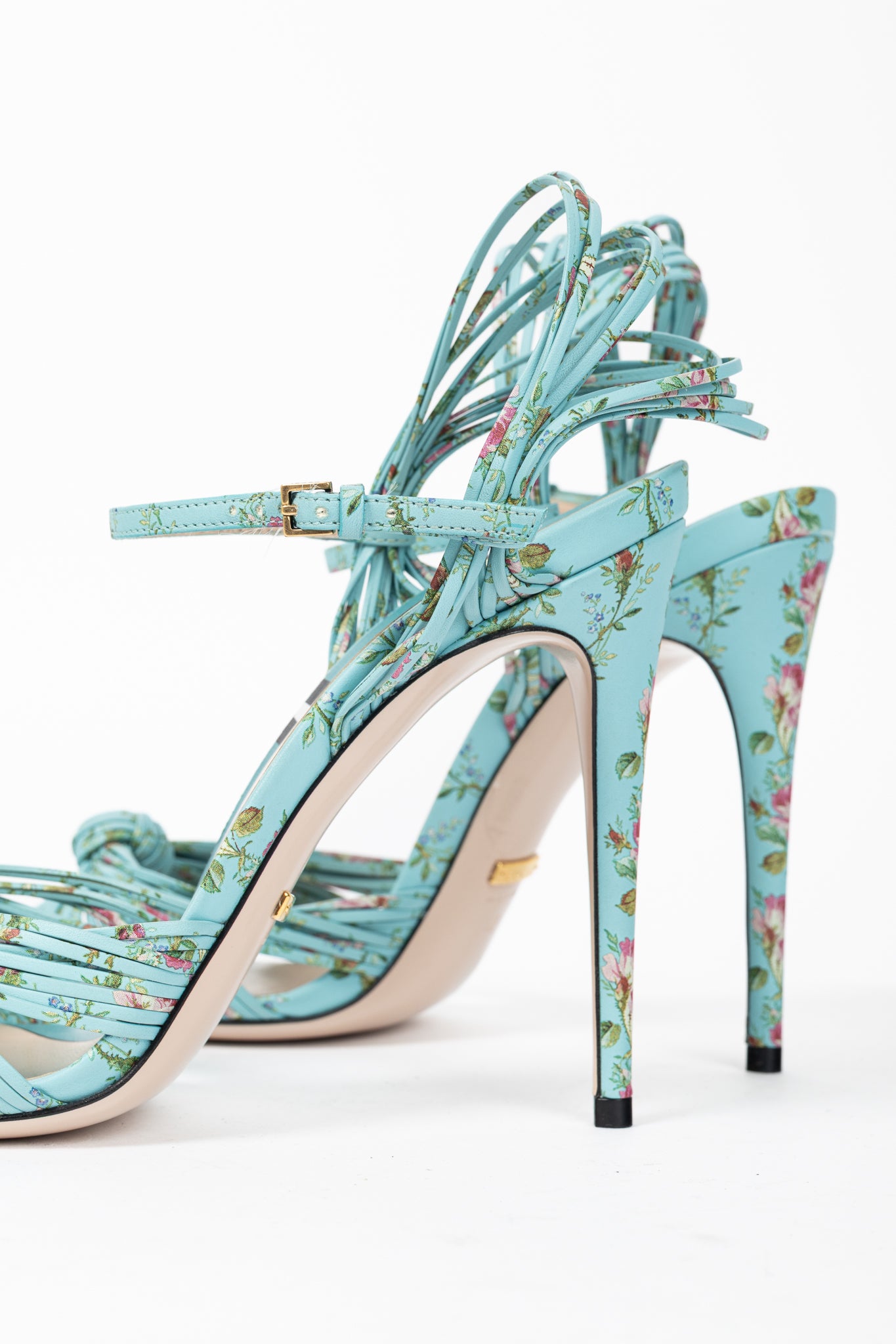 Gucci Allie Light-Blue Floral-Print Leather Knotted High-Heel Sandals